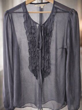 Cleo Sheer Blouse Grey Ruffle Tie Front Romantic Top Size S